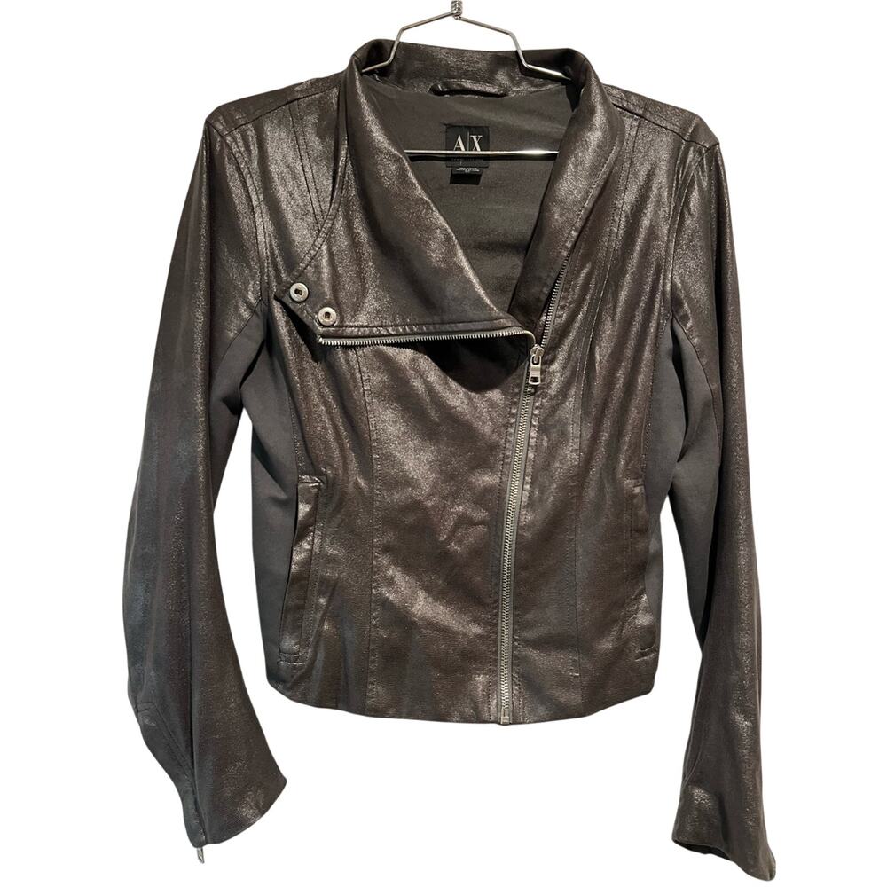 AX Armani Exchange Faux Leather Moto Jacket Small Metallic Brown Gray Zip Front